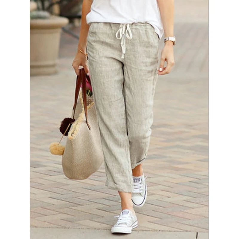 Linen Drawstring Ankle Pants High Waist — Casual Summer - BaeSprout.com