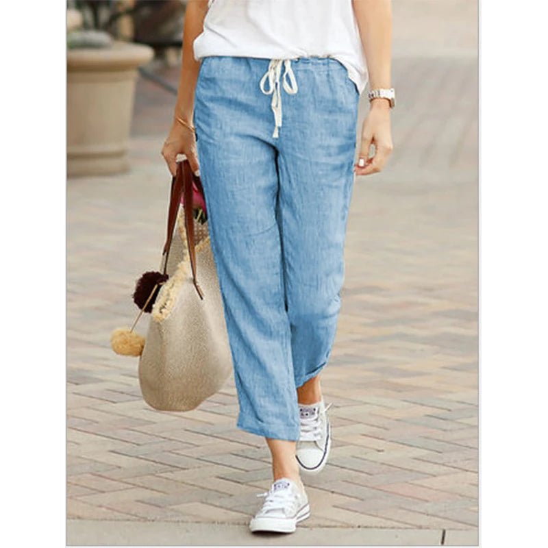 Linen Drawstring Ankle Pants High Waist — Casual Summer - BaeSprout.com