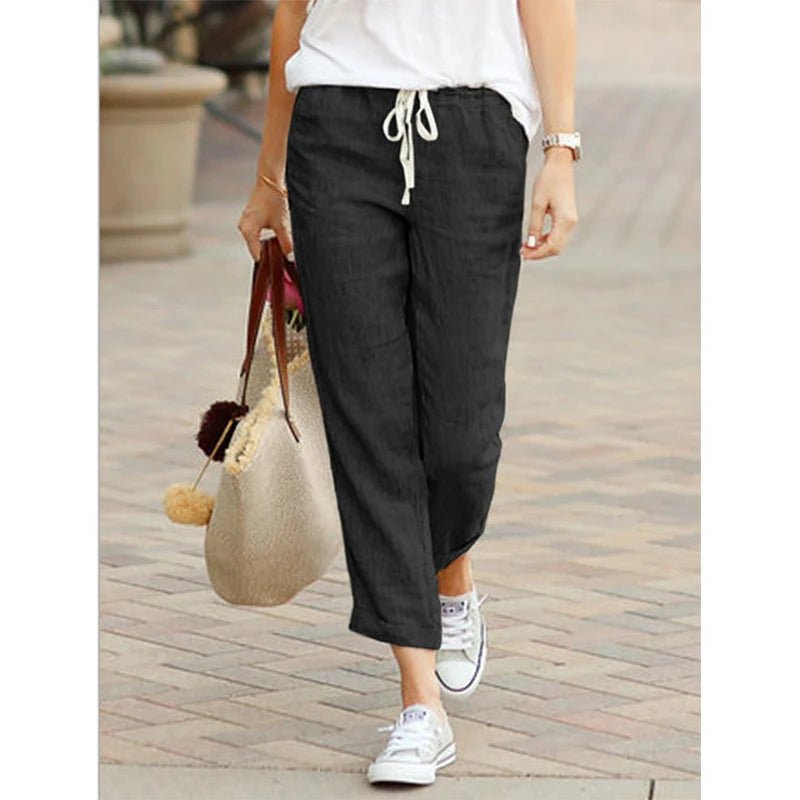 Linen Drawstring Ankle Pants High Waist — Casual Summer - BaeSprout.com
