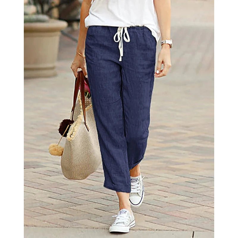 Linen Drawstring Ankle Pants High Waist — Casual Summer - BaeSprout.com