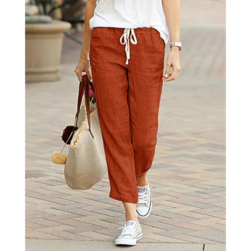 Linen Drawstring Ankle Pants High Waist — Casual Summer - BaeSprout.com