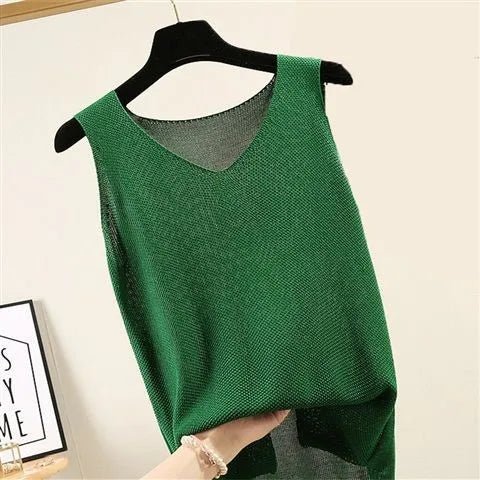 Knit V - Neck Vest Top Sleeveless Side Slit — Cottagecore Indie Layering - BaeSprout.com