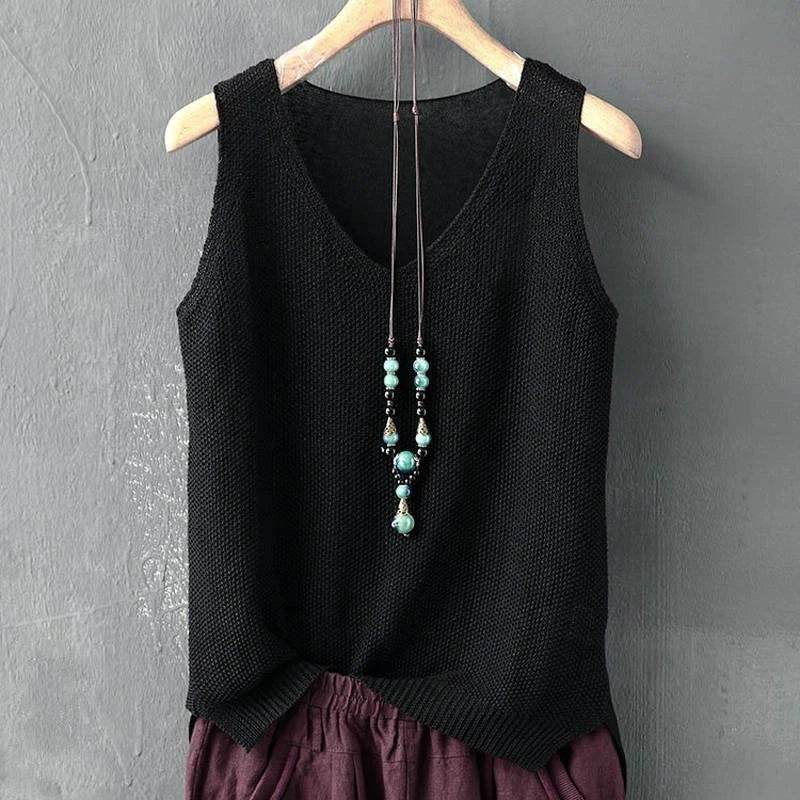 Knit V - Neck Vest Top Sleeveless Side Slit — Cottagecore Indie Layering - BaeSprout.com