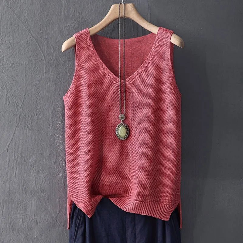 Knit V - Neck Vest Top Sleeveless Side Slit — Cottagecore Indie Layering - BaeSprout.com
