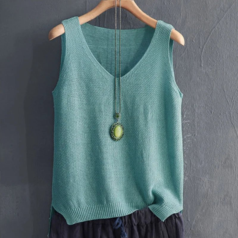 Knit V - Neck Vest Top Sleeveless Side Slit — Cottagecore Indie Layering - BaeSprout.com