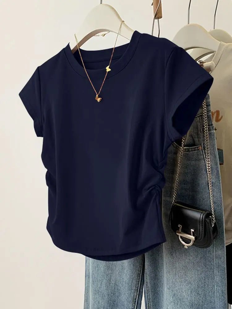Ruched Side Tee Slim Fit Cap Sleeve Crew Neck — Clean Girl Everyday - BaeSprout.com