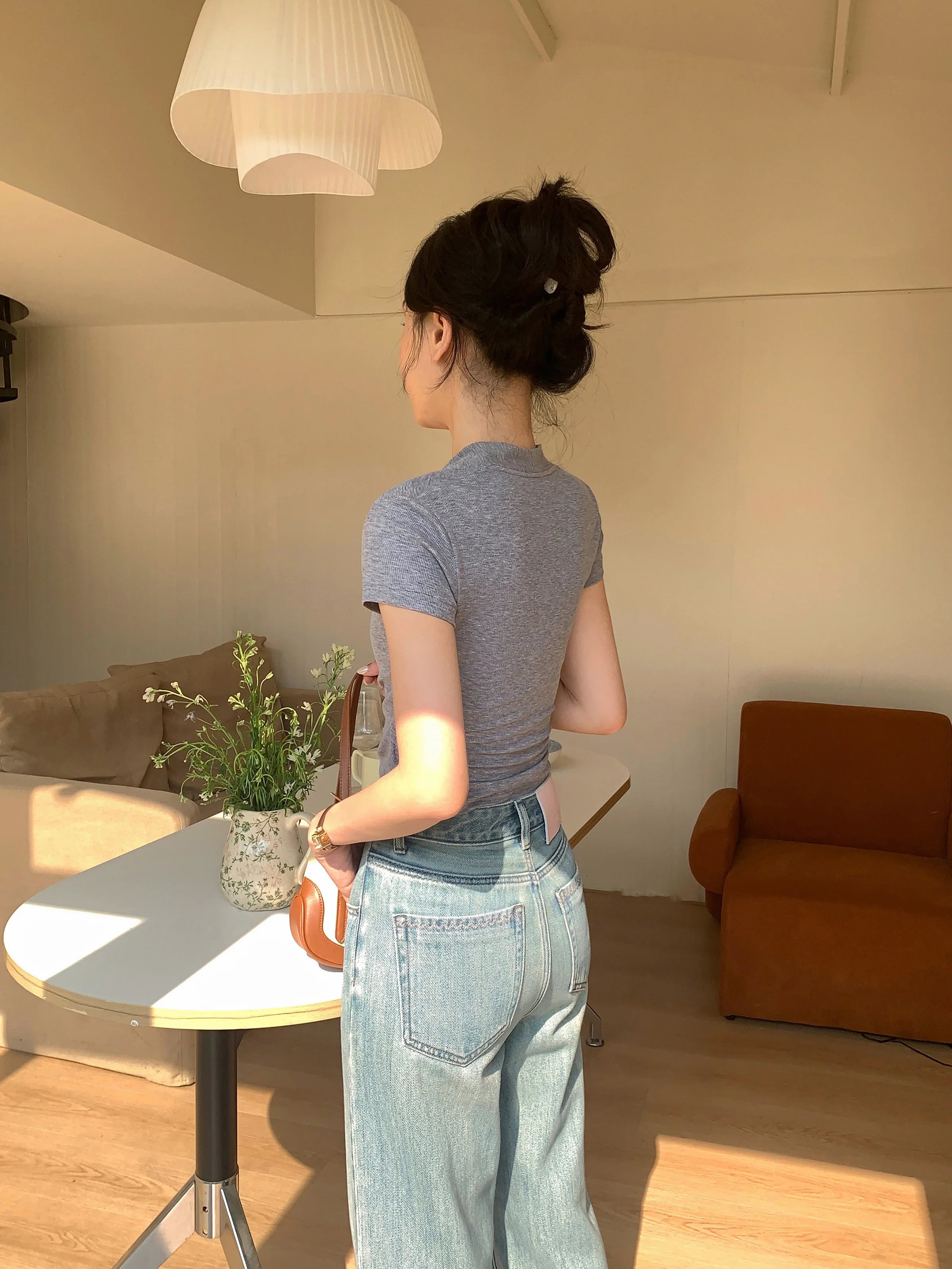Crossover V - Neck Ruched Crop Top with Short Sleeves — Korean Casual - BaeSprout.com