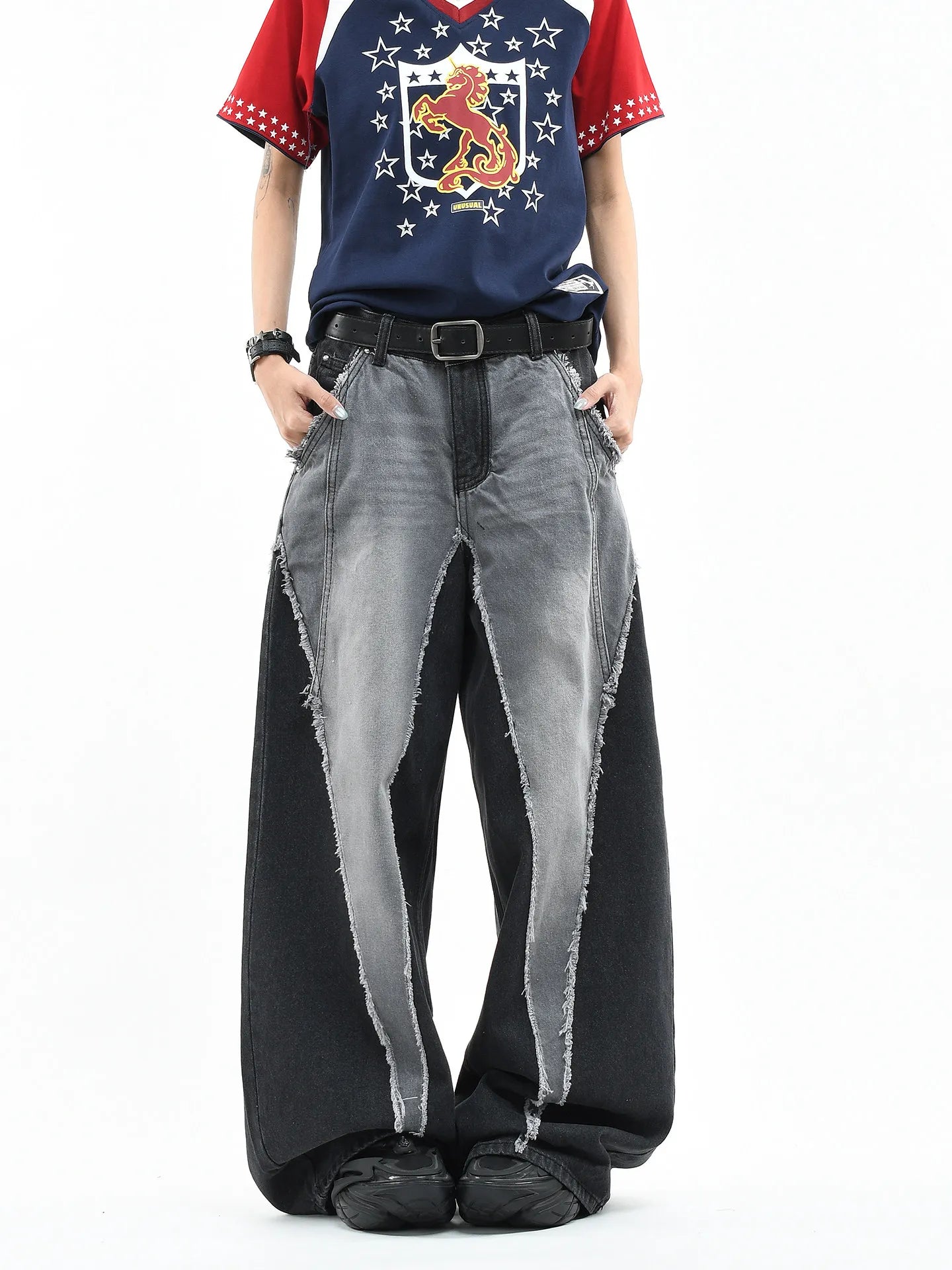Color Block Patchwork Baggy Wide Leg Jeans - Y2K - BaeSprout.com