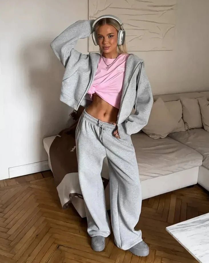 Zip - Up Hoodie Wide Leg Sweatpants Set Two Piece — Y2K Clean Girl Loungewear - BaeSprout.com
