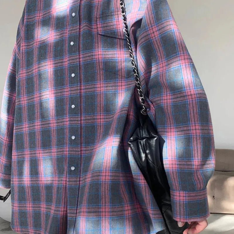 Oversized Plaid Flannel Shirt Button - Down Lapel — Indie Grunge Y2K - BaeSprout.com