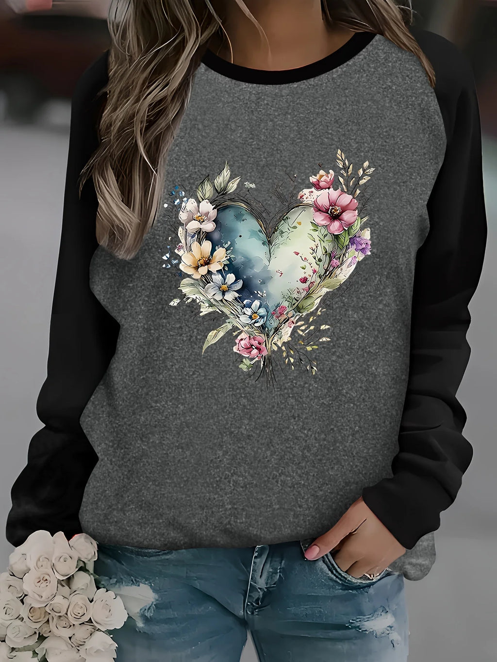 Floral Heart Raglan Long Sleeve Tee — Cottagecore Coquette Casual - BaeSprout.com