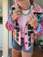 Vintage Floral Quilted Jacket Lapel Button - Up — Cottagecore Y2K Outerwear - BaeSprout.com