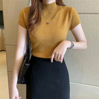 Knit Turtleneck Short Sleeve Top with Slim Fit — Korean Quiet Luxury - BaeSprout.com