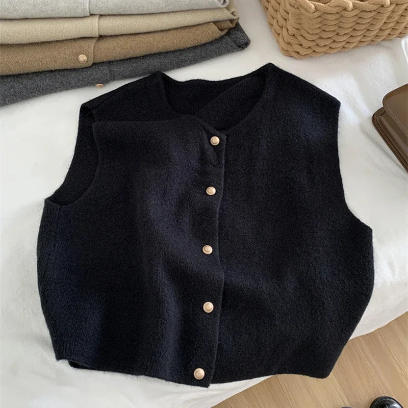 Knit Sweater Vest Gold Button Sleeveless Crop — Quiet Luxury Layering - BaeSprout.com