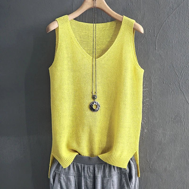 Knit V - Neck Vest Top Sleeveless Side Slit — Cottagecore Indie Layering - BaeSprout.com