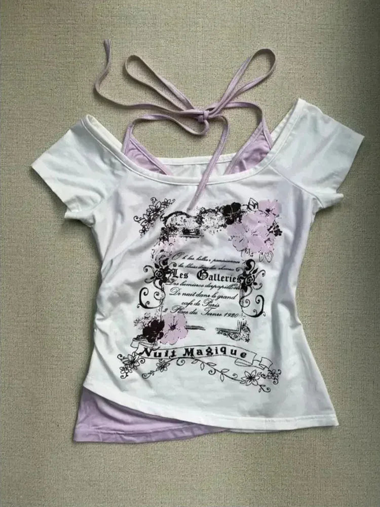 Floral Graphic Halter Tie Tee with Off - Shoulder Cut — Y2K Vintage - BaeSprout.com
