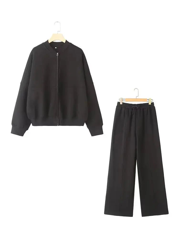 Bomber Jacket Wide Leg Pants Set Two Piece — Quiet Luxury Y2K Streetwear - BaeSprout.com