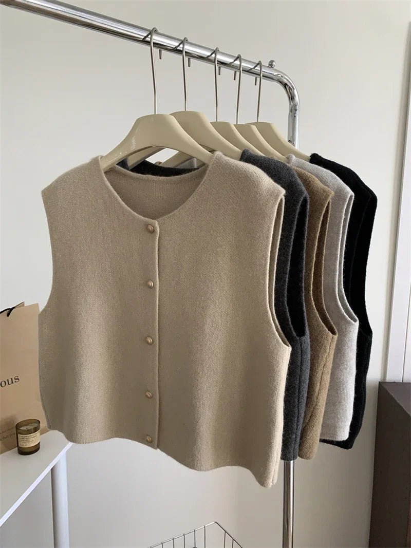 Knit Sweater Vest Gold Button Sleeveless Crop — Quiet Luxury Layering - BaeSprout.com