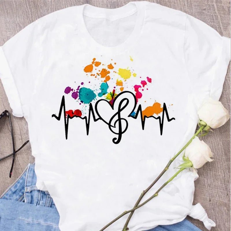 Music Heartbeat Graphic Tee Short Sleeve — Indie Alt & Harajuku Style - BaeSprout.com