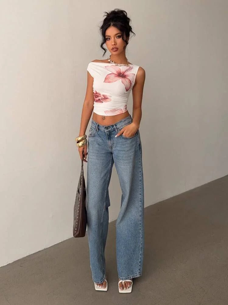 Floral Asymmetric Crop Top One Shoulder Ruched — Coquette Y2K Summer - BaeSprout.com