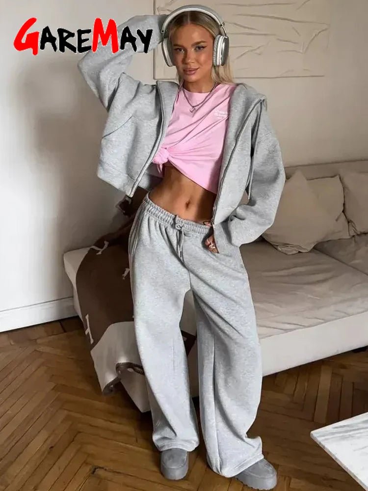 Zip - Up Hoodie Wide Leg Sweatpants Set Two Piece — Y2K Clean Girl Loungewear - BaeSprout.com