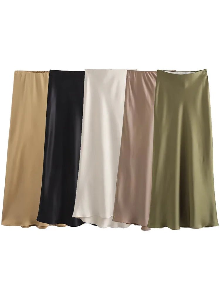 Satin Midi Skirt High Waist Flowy A - Line — Quiet Luxury Old Money Chic - BaeSprout.com