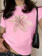 Lily Floral Graphic Crop Tee with Short Sleeves — Cottagecore Y2K - BaeSprout.com