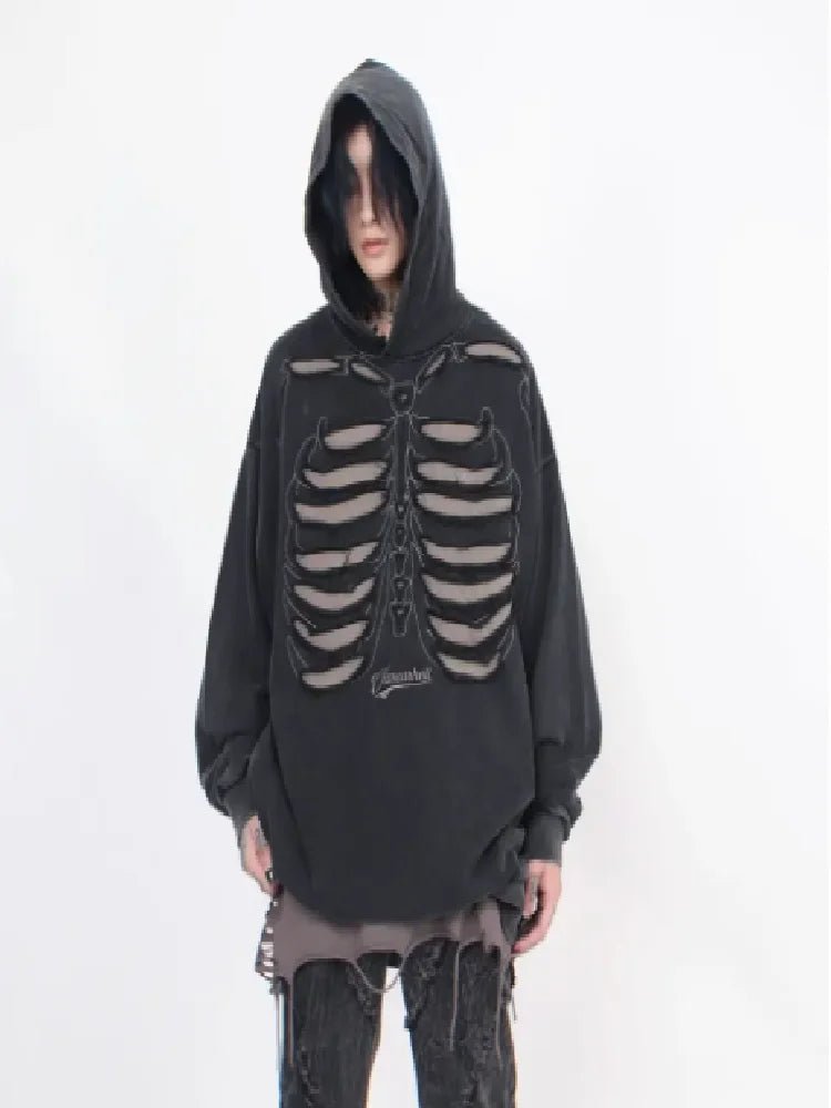 Skeleton Cutout Oversized Hoodie — Y2K Punk Grunge - BaeSprout.com