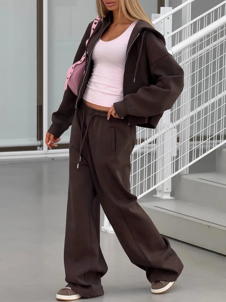 Zip - Up Hoodie Wide Leg Sweatpants Set Two Piece — Y2K Clean Girl Loungewear - BaeSprout.com