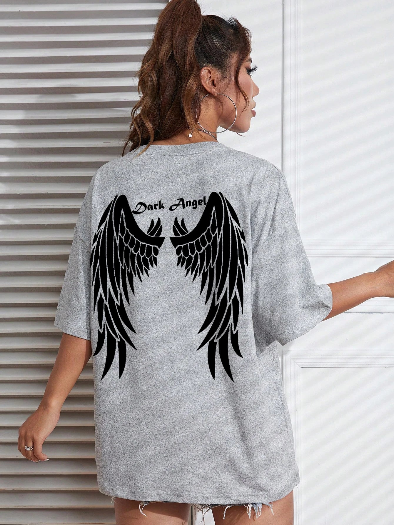 Angel Wings Back Graphic Oversized Tee with Short Sleeves — Y2K Grunge - BaeSprout.com