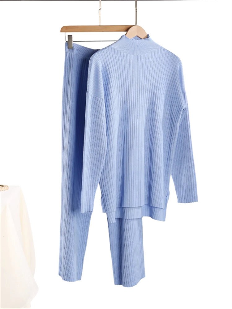 Knit Turtleneck Sweater Wide Leg Pants Set Two Piece — Quiet Luxury - BaeSprout.com