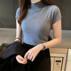 Knit Turtleneck Short Sleeve Top with Slim Fit — Korean Quiet Luxury - BaeSprout.com