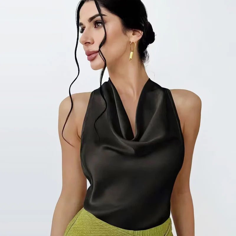 Satin Cowl Neck Halter Top with Backless Cut — Quiet Luxury Night Out - BaeSprout.com