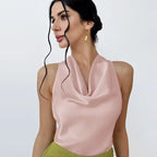 Satin Cowl Neck Halter Top with Backless Cut — Quiet Luxury Night Out - BaeSprout.com