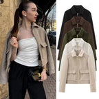 Cropped Zip - Up Jacket Collared Patch Pocket — Quiet Luxury Old Money - BaeSprout.com