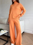 Knit Turtleneck Sweater Wide Leg Pants Set Two Piece — Quiet Luxury - BaeSprout.com