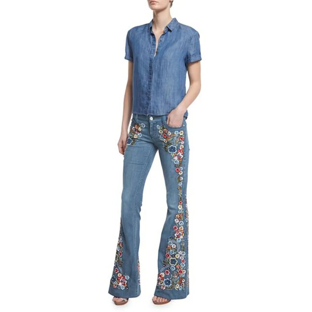 Floral Embroidered Denim Flare Jeans - Retro Boho - BaeSprout.com