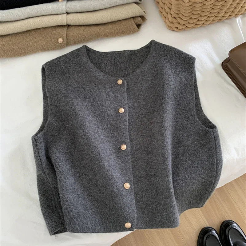 Knit Sweater Vest Gold Button Sleeveless Crop — Quiet Luxury Layering - BaeSprout.com