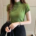 Knit Turtleneck Short Sleeve Top with Slim Fit — Korean Quiet Luxury - BaeSprout.com