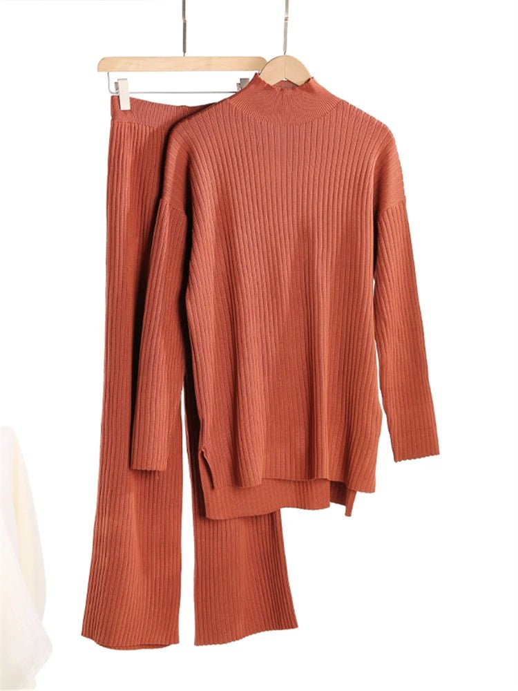 Knit Turtleneck Sweater Wide Leg Pants Set Two Piece — Quiet Luxury - BaeSprout.com