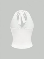 V - Neck Halter Crop Top Ruched Tie - Back Backless — Y2K Baddie Night Out - BaeSprout.com