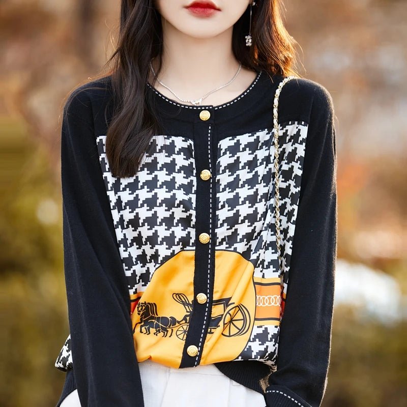 Equestrian Print Knit Cardigan V - Neck Button — Old Money Quiet Luxury - BaeSprout.com