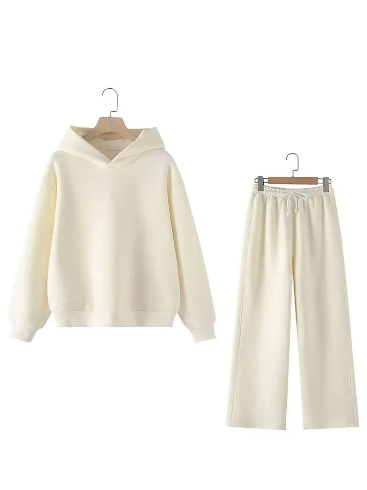V - Neck Hoodie Wide Leg Pants Set Two Piece Fleece — Quiet Luxury Casual - BaeSprout.com