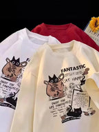 Cat Graphic Oversized Tee with Slogan Print — Y2K Indie Casual - BaeSprout.com