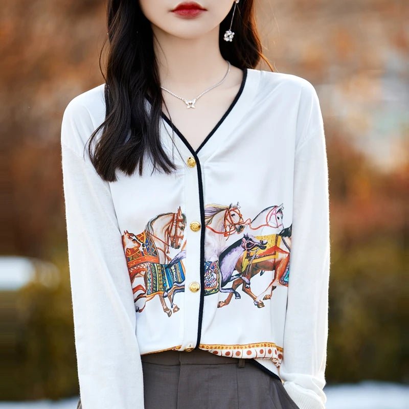 Equestrian Print Knit Cardigan V - Neck Button — Old Money Quiet Luxury - BaeSprout.com
