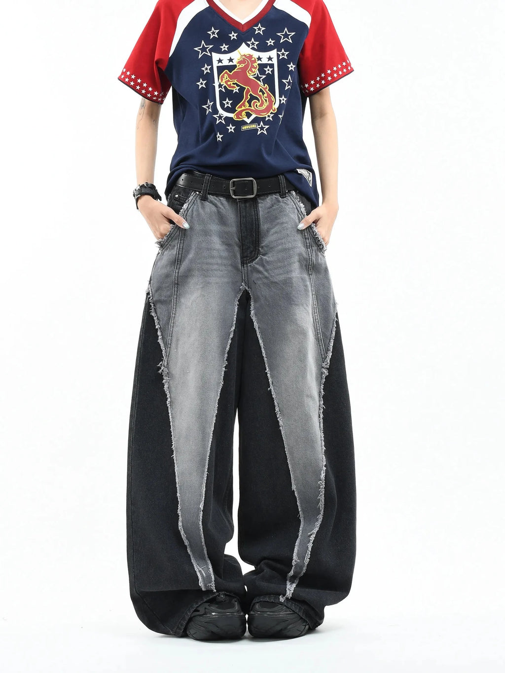 Color Block Patchwork Baggy Wide Leg Jeans - Y2K - BaeSprout.com
