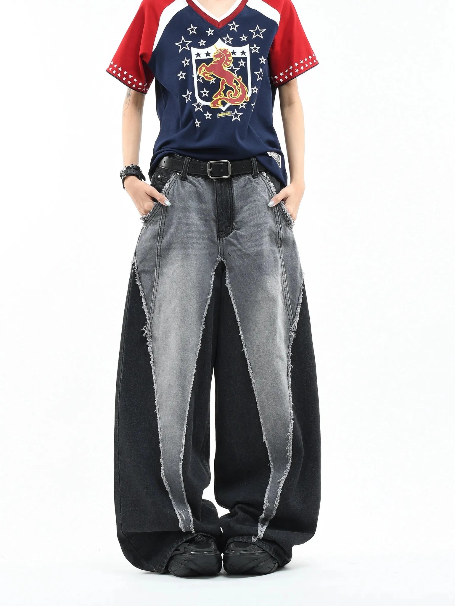 Color Block Patchwork Baggy Wide Leg Jeans - Y2K - BaeSprout.com