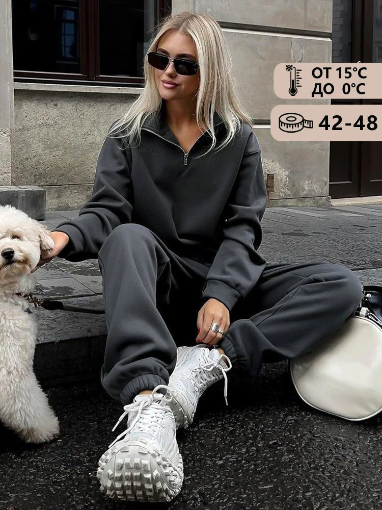 Crop Half - Zip Sweatsuit Set Two Piece Oversized — Clean Girl Loungewear - BaeSprout.com