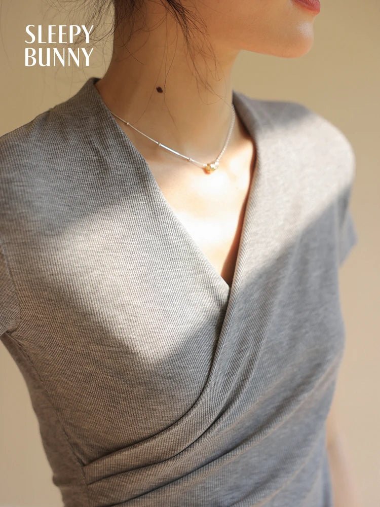 Crossover V - Neck Ruched Crop Top with Short Sleeves — Korean Casual - BaeSprout.com