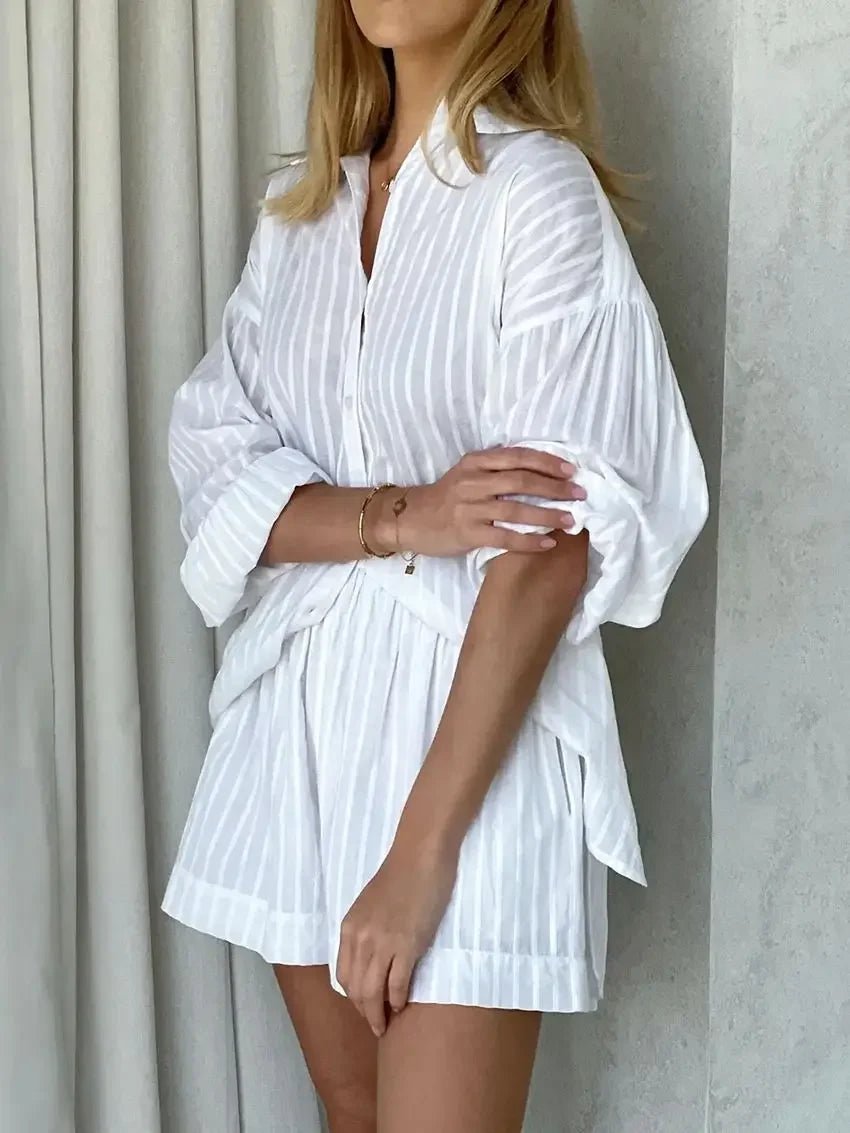Striped Jacquard Shirt and Shorts Set with Lantern Sleeves — Quiet Luxury - BaeSprout.com